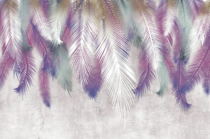 Fototapete Bunte Federn an einer Betonwand