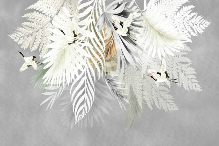 Fototapete Palm- und Farnblätter unter Vögeln