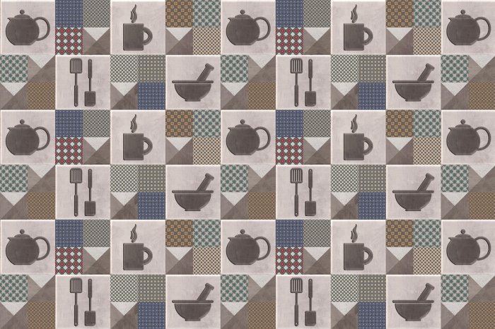 Fototapete Quadratische Fliesen mit Küchenutensilien