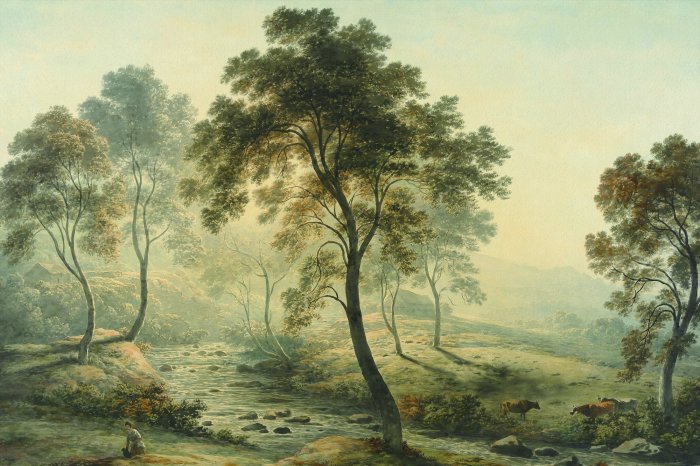 Fototapete Laubbäume am Fluss und Tieren