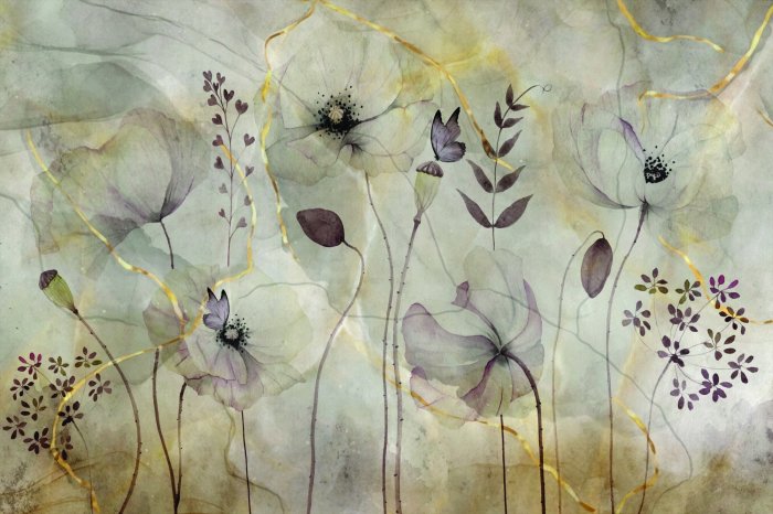 Fototapete Zarte wilde Mohnblumen mit goldener Verzierung