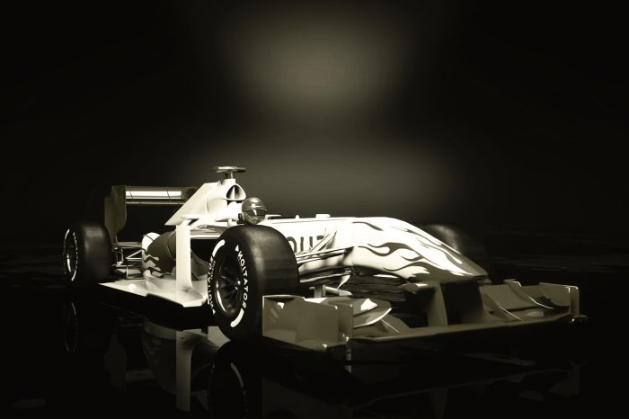 Fototapete Schwarzweiß-Foto eines Formel-1-Wagens mit Fahrer