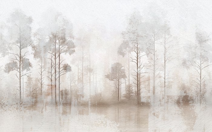 Fototapete Waldlandschaft mit Bäumen vor einem betonähnlichen Hintergrund