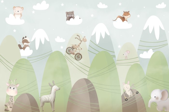 Fototapete Märchenhafte Landschaft Tiere auf Wolken und Bergen