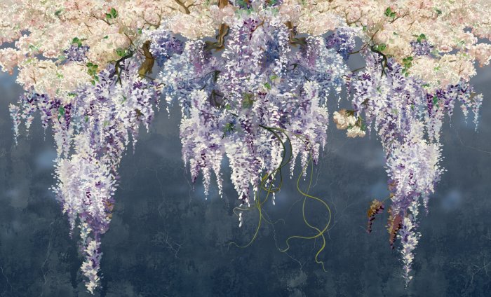 Fototapete Wisteria-Blüten auf dunkelblauem Hintergrund mit Betonstruktur