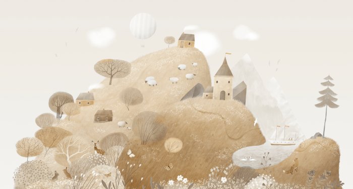 Fototapete Märchenhafte Landschaft Tiere auf einer Wiese und ein Haus auf dem Hügel Kinderdesign