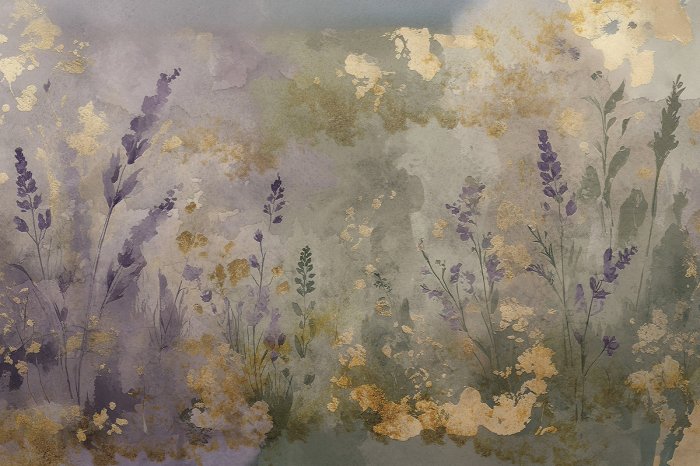 Fototapete Lavendelfeld mit goldenen Verzierungen