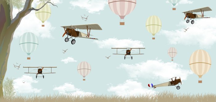 Fototapete Flugzeuge und Ballons vor einem Himmel mit Wolken