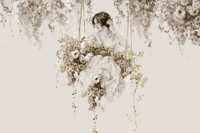 Fototapete Frau auf einer Schaukel zwischen Blumen