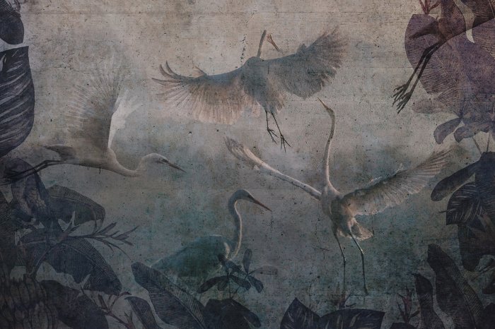 Fototapete Fliegende Kraniche und tropische Blätter Muster auf Betonstruktur