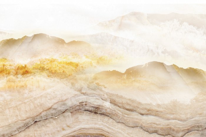 Fototapete Beigefarbene Marmorgebirge im Nebel