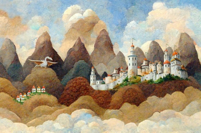 Fototapete Schloss und weißer Drache Märchenillustration