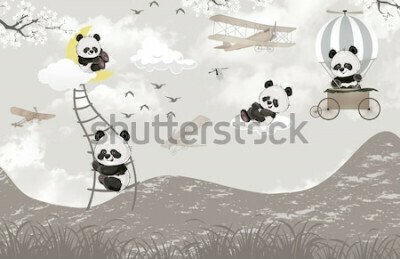 Fototapete Lustig Pandas spielen in den Wolken
