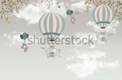 Fototapete Elefanten in Ballons am Himmel