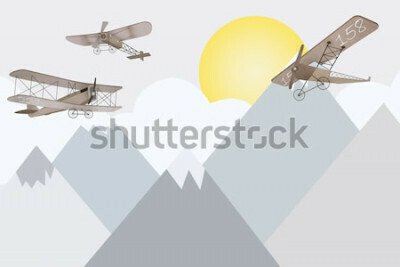 Fototapete Märchenhafte Doppeldecker fliegen über Berge