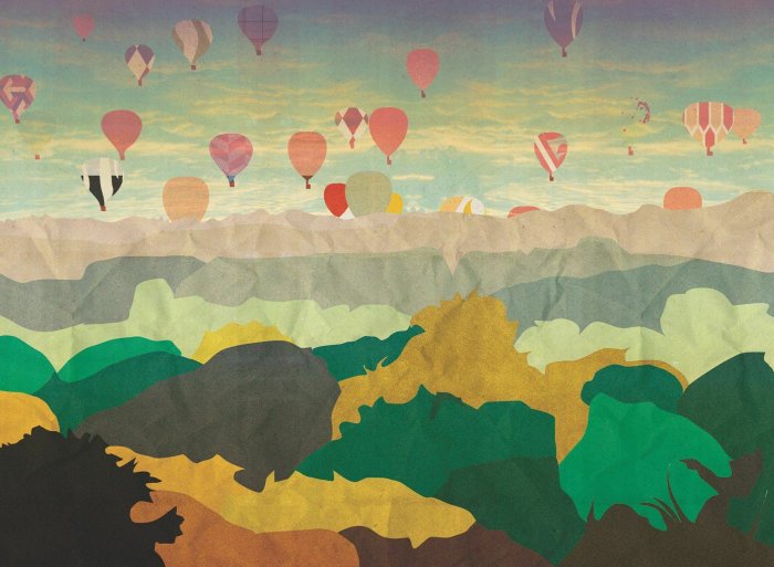 Fototapete Illustration von Ballons die über Wald und Berge fliegen