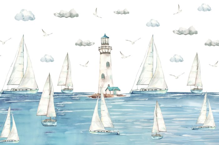 Fototapete Segelschiffe auf dem Meer vor dem Hintergrund eines Leuchtturms