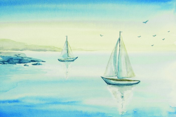 Fototapete Segelboote auf einem See zwischen Bergen und Vögeln