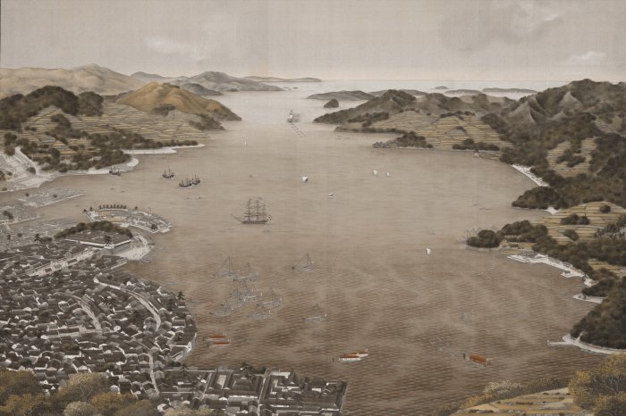 Fototapete Blick auf eine Küstenstadt, umgeben von Bergen