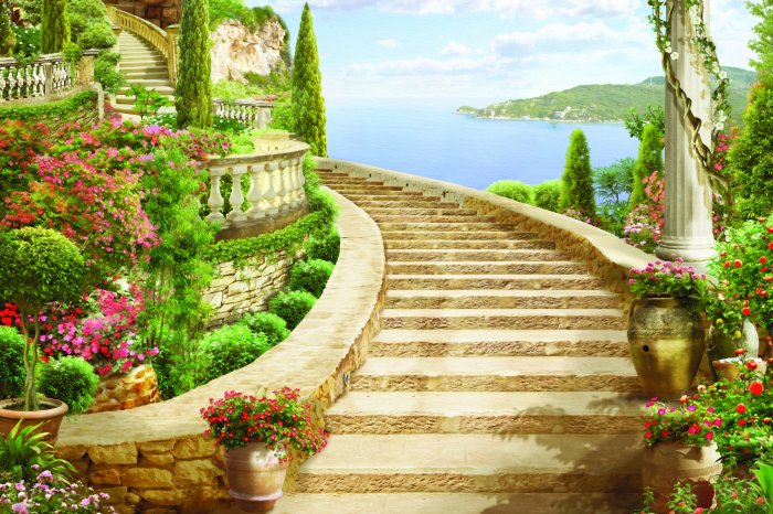 Fototapete Antike Treppen zwischen Blumen und Pflanzen