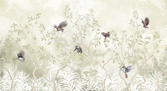 Fototapete Vögel zwischen den Baumzweigen auf grünem Betonhintergrund