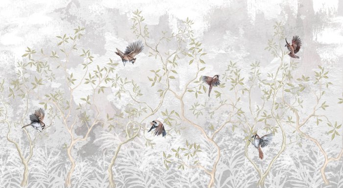 Fototapete Vögel auf Baumzweigen, Betonhintergrund