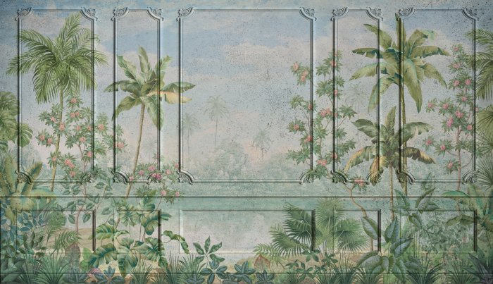 Fototapete Tropische Landschaft mit Palmen vor Stuckhintergrund