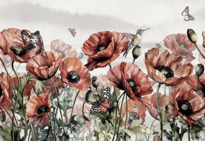 Fototapete Rote Mohnblumen, Kolibris und Schmetterlinge