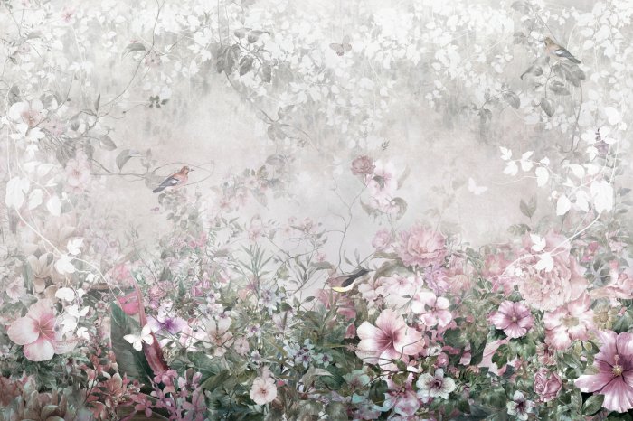 Fototapete Blumiger Hintergrund, Pastellblumen, Vögel und Schmetterlinge