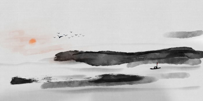 Fototapete Chinesische Landschaft mit Meer, Vögeln und Sonnenuntergang