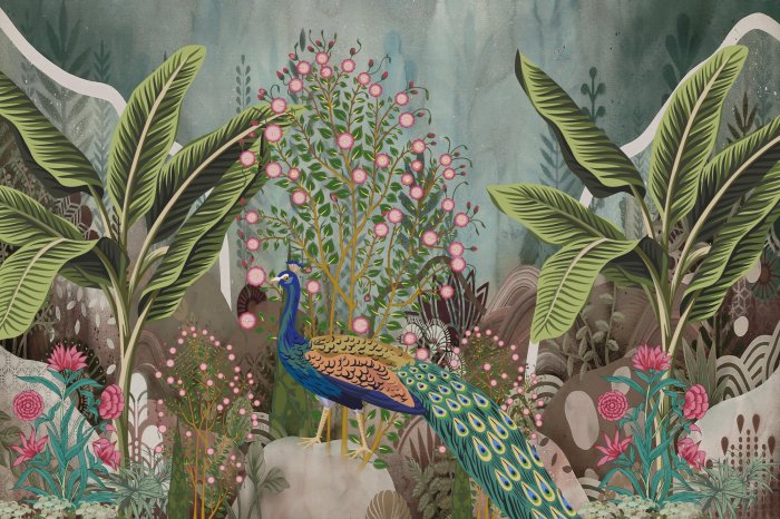 Fototapete Pfau unter Tropischen Pflanzen und Blumen