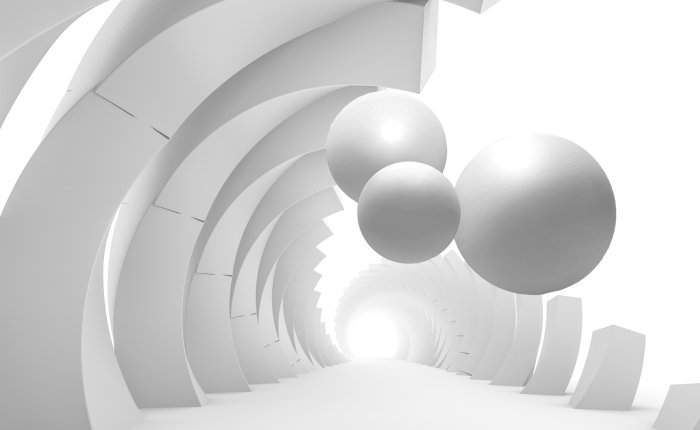 Fototapete 3D-Wandtunnel mit fliegenden Bällen 3D-Rendering