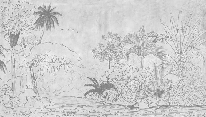 Fototapete Tropical nature landscape, jungle with exotic tropical plants, flowers and leaves. Drawn jungle . Design for card, postcard, wallpaper, photo wallpaper, mural.
