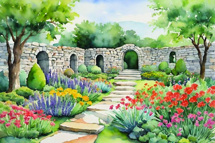 Fototapete Gemalte Landschaft eines Gartens mit bunten Blumen