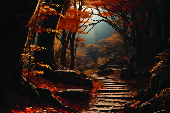 Fototapete Herbstliche Waldlandschaft mit Treppen