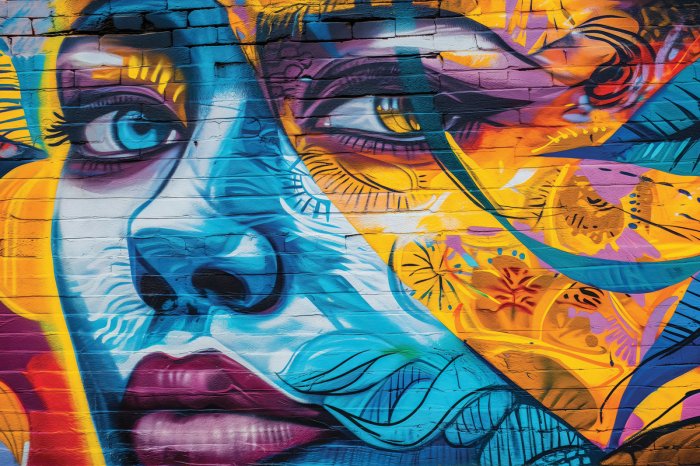 Fototapete Frauen Gesicht an einer bunten Backsteinmauer