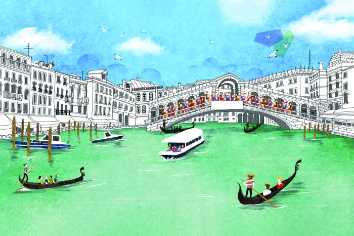 Fototapete Handgezeichneter Rialto-Brücke mit Gondeln