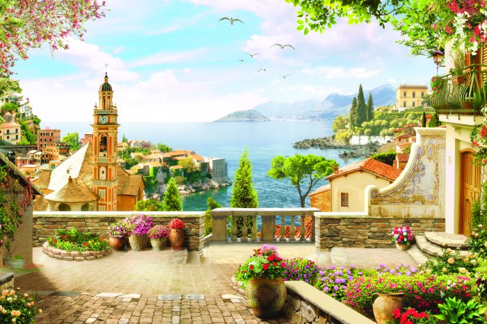 Fototapete Magische Landschaft mit einer Kirche vor dem Meer und den Bergen