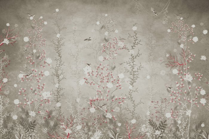 Fototapete Üppige Vegetation auf der Wiese mit Vögeln