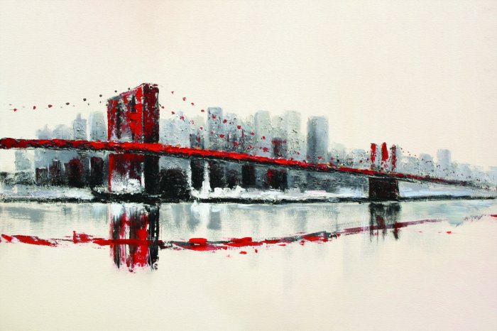 Fototapete Gemalter roter Brücke vor der Kulisse der Stadt