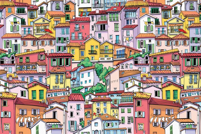Fototapete Landschaft mit bunten Mietshäusern