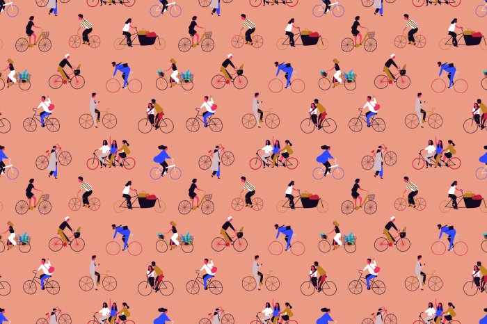 Fototapete Menschen, die auf einem orangefarbenen Hintergrund Fahrrad fahren