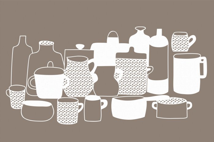 Fototapete Zeichnung von Porzellan Töpfen und Krügen