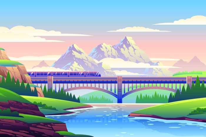 Fototapete Landschaft eines fahrenden Zuges vor Bergkulisse