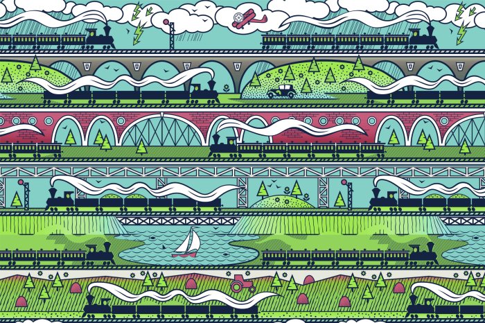 Fototapete Bahnhof mit Brücken und Vegetation