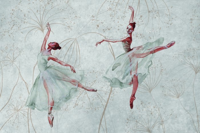 Fototapete Ballerinas, die in schönen Kleidern vor einem Betonhintergrund tanzen