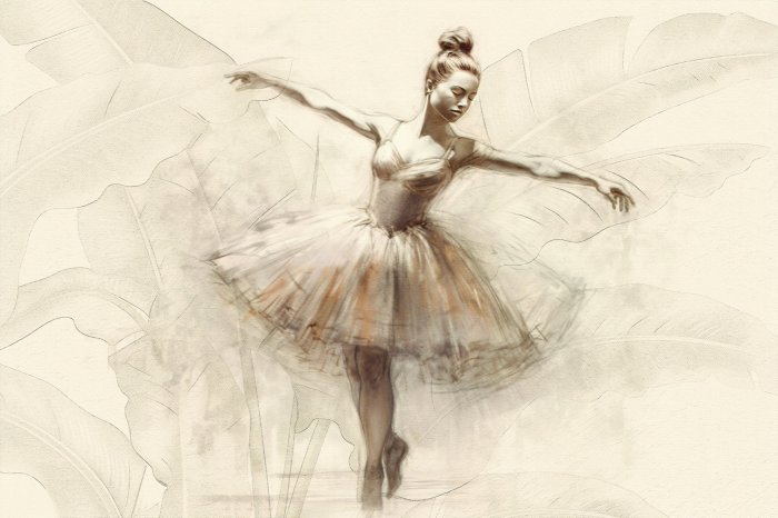 Fototapete Ballerina im Kleid vor tropischem Blatt-Hintergrund