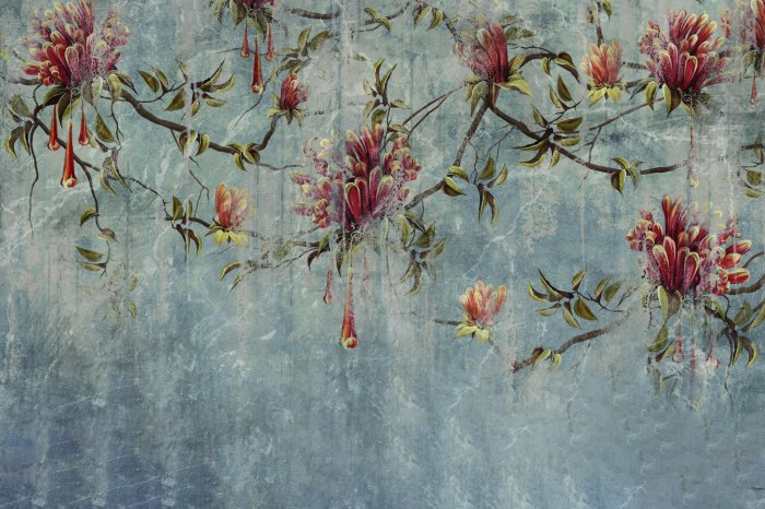 Fototapete Baumzweige mit Blumen auf rustikalem Hintergrund