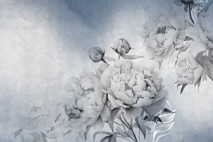 Fototapete Pfingstrosenblumen auf blauem Hintergrund