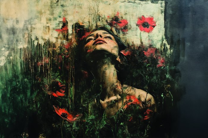 Fototapete Frau unter Mohnblumen an einer Wand